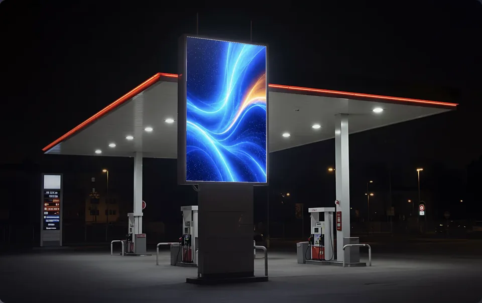 Petrol station canopy at night with a digital display pillar showing an advert