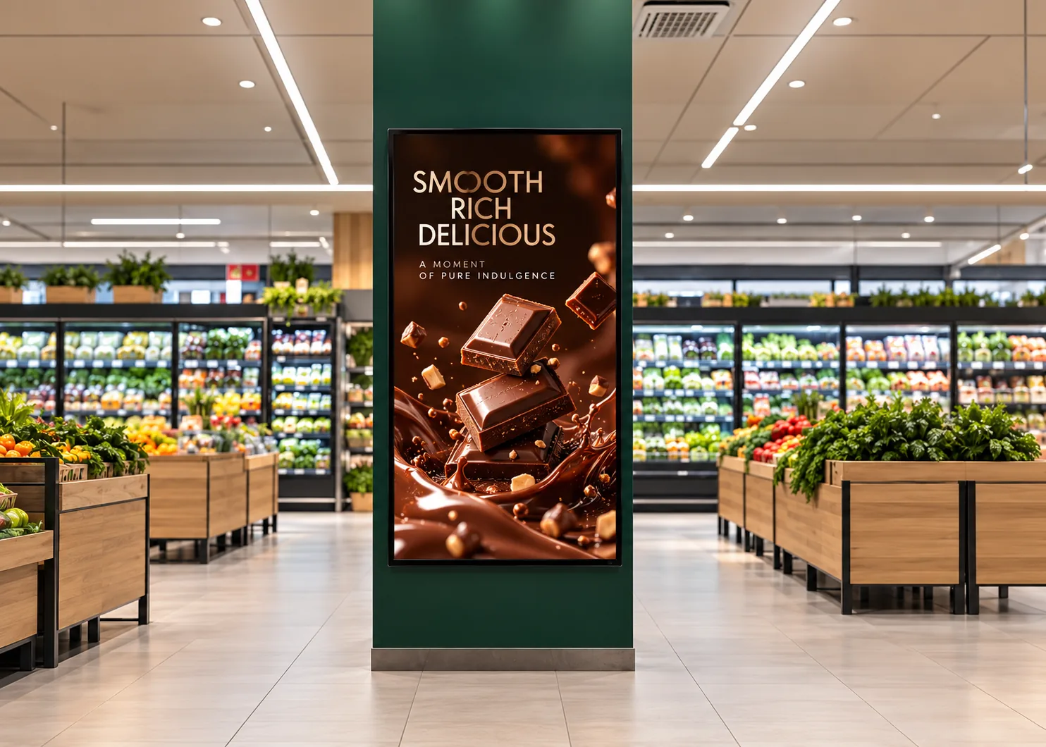 Supermarket pillar display showing a chocolate advert